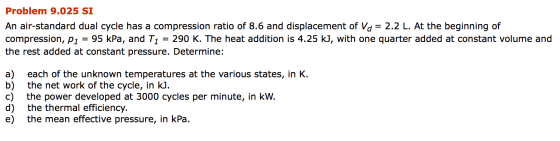 Problem 9.025 SI An air-standard dual cycle has a compression ratio of 8.6 and displacement of Vo = 2.2 L. At the beginning o