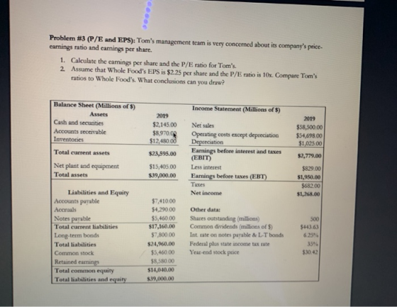 Problem #3 (P/E and EPS): Toms management team is very concerned about its companys price earnings ratio and carings per sh