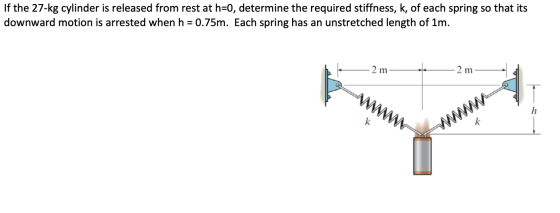If the 27-kg cylinder is released from rest at h=0, determine the required stiffness, k, of each spring so that its downward