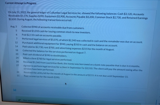 Current Attempt in Progress On July 31, 2022, the general ledger of Cullumber Legal Services Inc. showed the following balanc