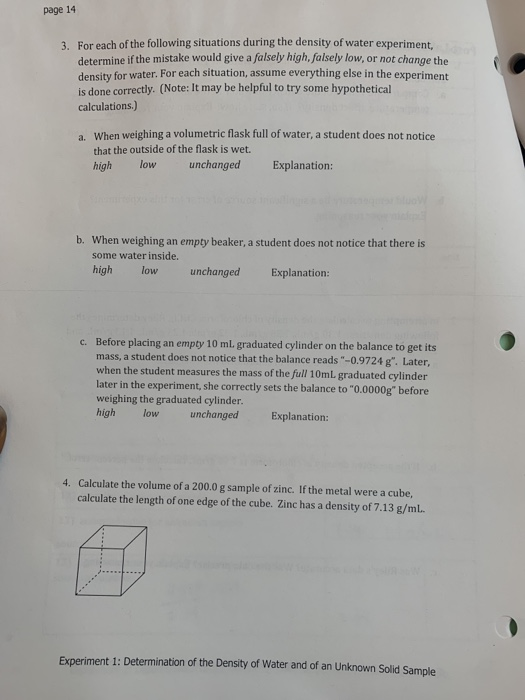 page 14 3. For each of the following situations during the density of water experiment, determine if the mistake would give a
