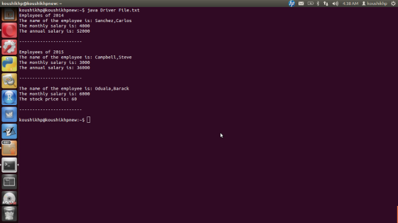 koushikhp@koushikhpnew: koushikhp@koushikhpnew: java Driver File.txt Employees of 2014 The name of the employee is: Sanchez,C