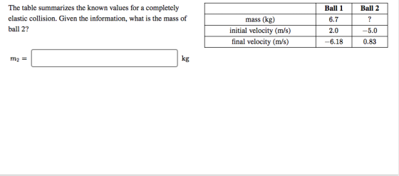 Ball 2 The table summarizes the known values for a completely elastic collision. Given the information, what is the mass of b