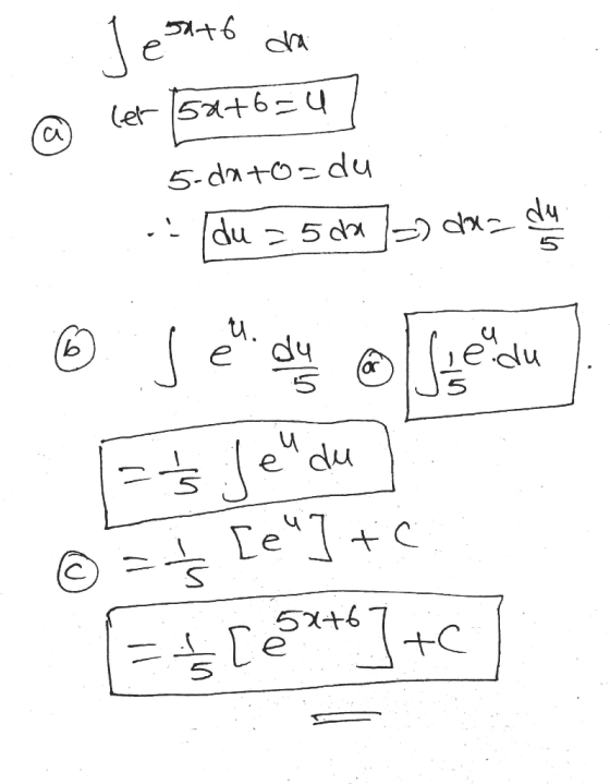 5x+6 Jé dra let 50+6=u СА 5-dato=du du .. du = 5 da 1 dan u. b se dur or Sie audu = 3 je du į [e] + c = /[ 5x+6] +c