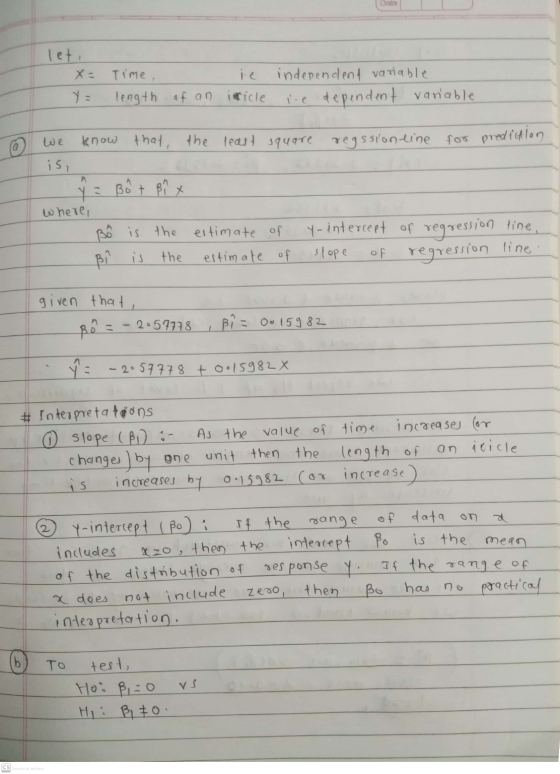 Time, ie independent variable length of an icicle ire dependent variable know that the least square regssion-line for predict