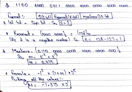 3 Too 0000 OOL 0000 formada SC1 bit) kuponend (8-bit) I Manfirca (23-but & let but Sign bit So, 1s=1] * Exponent. 6ooo oooo)