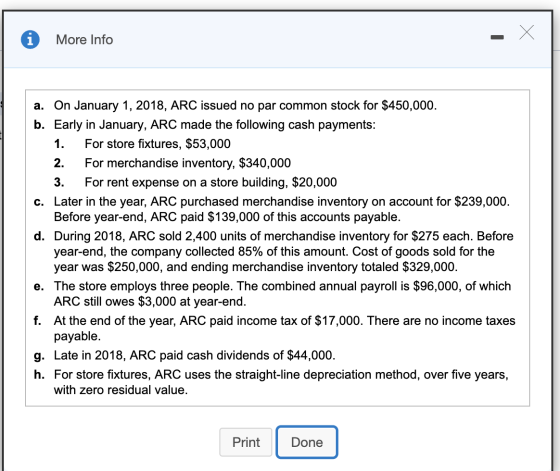 i More Info a. On January 1, 2018, ARC issued no par common stock for $450,000. b. Early in January, ARC made the following c