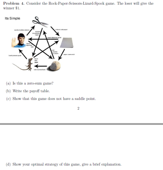 Problem 4. Consider the Rock-Paper-Scissors-Lizard-Spock game. The loser will give the winner $1 Its Simple sessorc eets linand poidons spock (a) Is this a zero-sum game? b) Write the payoff table. (c) Show that this game does not have a saddle point. d) Show your optimal strategy of this game, give a brief explanation.