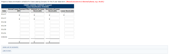 Prepare a lease amortization schedule for Crane Leasing Company for the 5-year lease term. (Round answers to 2 decimal places