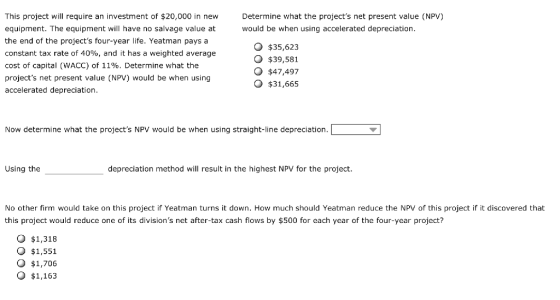 This project will require an investment of $20,000 in new equipment. The equipment will have no salvage value at the end of the projects four-year life. Yeatman pays a constant tax rate of 40%, and it has a weighted average cost of capital (WACC) of 11%. Determine what the projects net present value (NPV) would be when using accelerated depreciation Determine what the projects net present value (NPV) would be when using accelerated depreciation O $35,623 O $39,58:1 O $47,497 O $31,665 Now determine what the projects NPV would be when using straight-line depreciation Using the depreciation method will result in the highest NPV for the project No other firm would take on this project if Yeatman turns it down. How much should Yeatman reduce the NPV of this project if it discovered that this project would reduce one of its divisions net after-tax cash flows by $500 for each year of the four-year project? O $1,318 O $1,551 O $1,706 $1,163