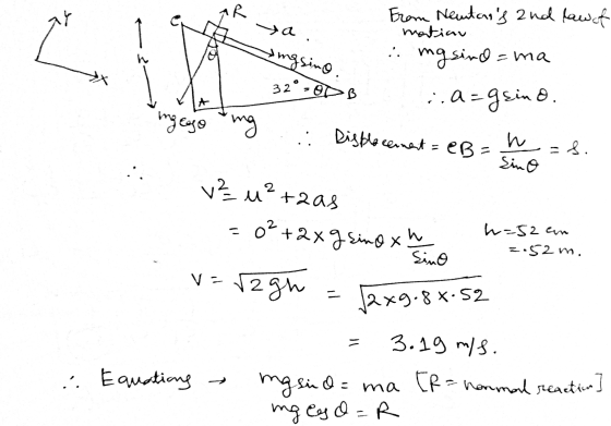 IR ya. Ľ From Newtons and law of martian mgsino =ma singsing. h i. 32° = ODB ..a=gsind. ingeago ng Displacement = eB h -- Si