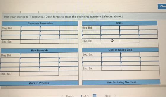 Chec Post your entries to T-accounts. (Dont forget to enter the beginning inventory balances above.) Accounts Receivable Sal