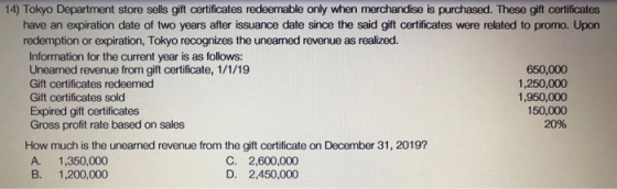 14) Tokyo Department store sells gift certificates redeemable only when merchandise is purchased. These gift certificates hav