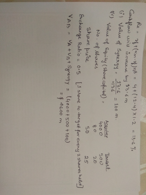 Re = 1136 Re = of + (rm-of) xß = 4+ (12-4) X112 = 13.6% Cashflow will increase by 13.6m (il Value of Synergy 1316 = 100 m. Va