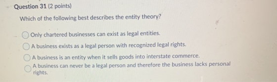 Question 31 (2 points) Which of the following best describes the entity theory? Only chartered businesses can exist as legal