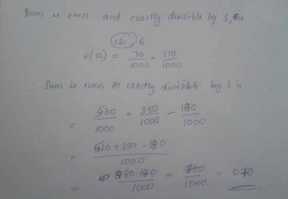 sum TO is even and exactly divisible by 3, au 120.26 P(12) = 10 + 110 1000 1000 Sum is even of exactly divisible by 3 y 930 +
