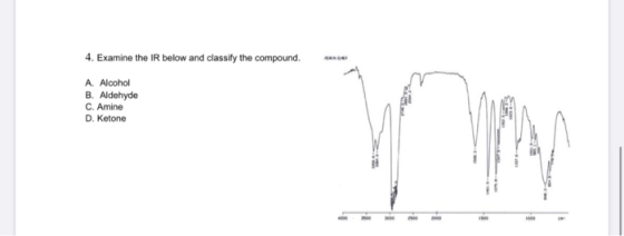 4. Examine the IR below and classify the compound. A. Alcohol B. Aldehyde C. Amine D. Ketone