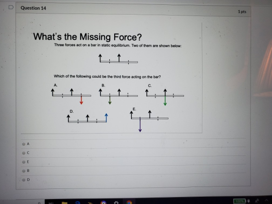 Question 14 1 pts Whats the Missing Force? Three forces act on a bar in static equilibrium. Two of them are shown below: Whi