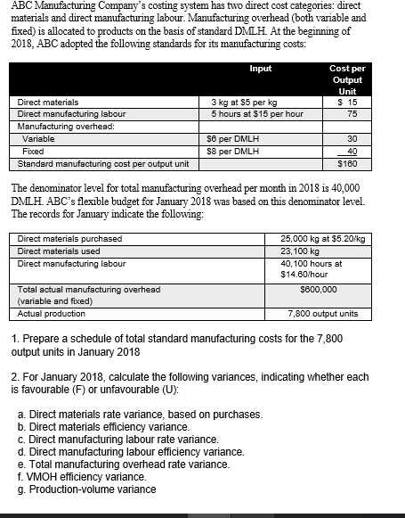 ABC Manufacturing Companys costing system has two direct cost categories: direct materials and direct manufacturing labour.
