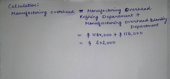 Calculation: Manufacturing overhead = manufacturing overhead Refining Department t Manufacturing overhead blending Department