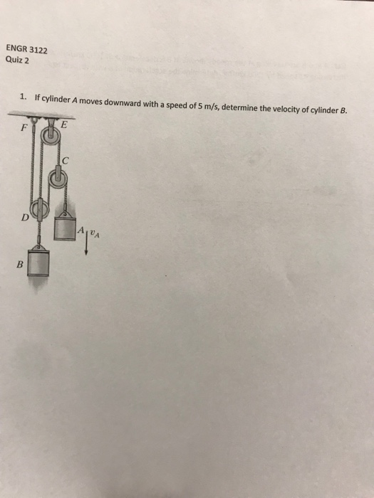 ENGR 3122 Quiz 2 1. If cylinder A moves downward with a speed of 5 m/s, determine the velocity of cylinder B.