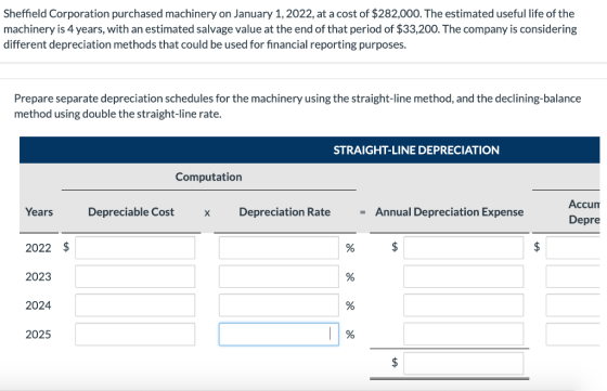 Sheffield Corporation purchased machinery on January 1, 2022, at a cost of $282,000. The estimated useful life of the machine