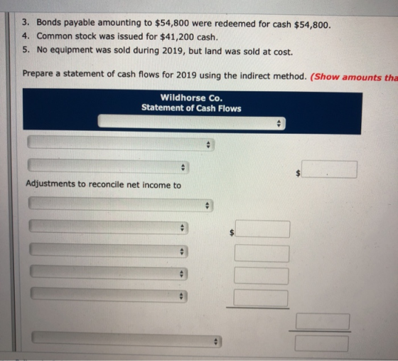 3. Bonds payable amounting to $54,800 were redeemed for cash $54,800. 4. Common stock was issued for $41,200 cash. 5. No equi