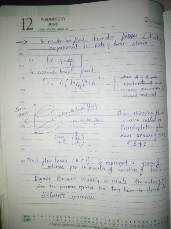 2. Thousand WEDNESDAY JUNE DAY 163-202 WEEK 24 9.00 10.00 In newtonian flow, shear stn pedige is dirett proportional to Rate