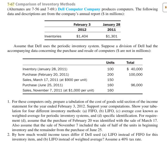 7-67 Comparison of Inventory Methods (Alternates are 7-56 and 7-69.) Dell Computer Company produces computers. The following