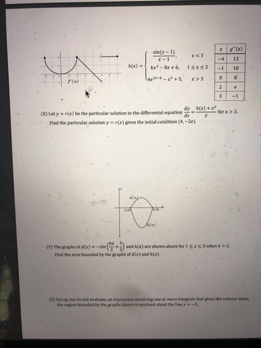 sin(x - 1) 13 h(x) = kx2 - 8x + 6, 1SXS 3 14e2x-6 - x2 +5, x>3 for x > 3. (X) Lety r(x) be the particular solution to the dif