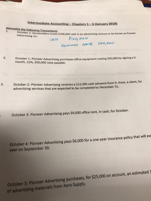 Intermediate Accounting Chapters 1-6 January 2019) Journalize the following Transactions Sctober 1: Stockholders Invest $100.