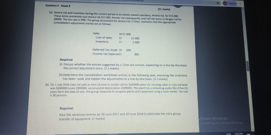 Paused : Question 5 Week 9 (11 marks) (a) Jessica Ltd sold inventory during the current period to its wholly owned subsidiary