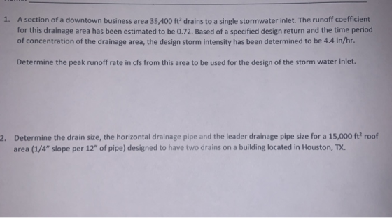 1. A section of a downtown business area 35,400 ftdrains to a single stormwater inlet. The runoff coefficient for this draina