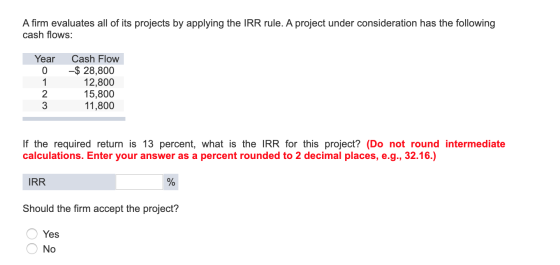 A firm evaluates all of its projects by applying the IRR rule. A project under consideration has the following cash flows: Ye
