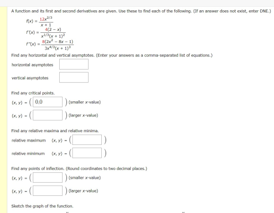 A function and its first and second derivatives are given. Use these to find each of the following. (If an answer does not ex