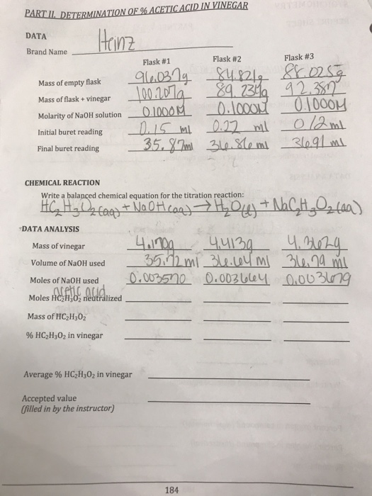 PART II. DETERMINATION OF % ACETIC ACID IN VINEGAR DATA Heinz Brand Name Flask #1 Flask #2 Mass of empty flask Mass of flask