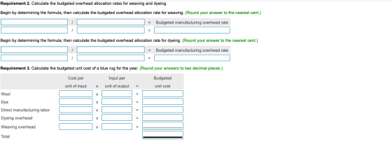 Requirement 2. Calculate the budgeted overhead allocation rates for weaving and dyeing. Begin by determining the formula, the