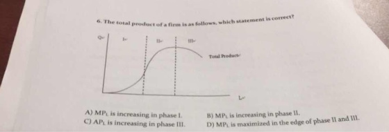 o. The total product of a imn is a éollows. which statement is correcet Q- Tetal Product A) MPt is increasing in phase I C) APL is increasing in phase Ill B) MPt is increasing in phase II. D) MPL is maximized in the edge of phase II and Ill. .
