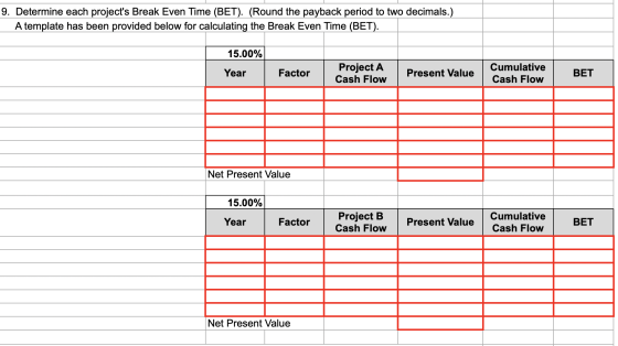 9. Determine each projects Break Even Time (BET). (Round the payback period to two decimals.) A template has been provided b