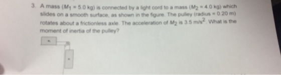 A mass (M_1 = 5.0 kg is connected by a light cord