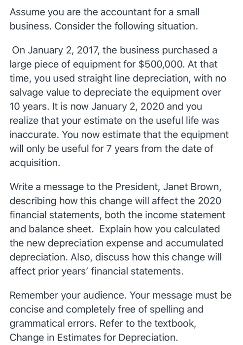 Assume you are the accountant for a small business. Consider the following situation. On January 2, 2017, the business purcha