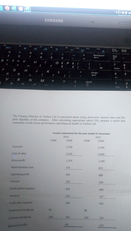 SAMSUNG 0 8 FG H KL Enter 5 >7 shift The Finance Director of Amben Ltd is concerned about rising short-term interest rates an