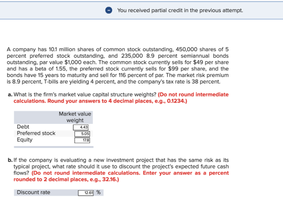 You received partial credit in the previous attempt. A company has 10.1 million shares of common stock outstanding, 450,000 shares of 5 percent preferred stock outstanding, and 235,000 8.9 percent semiannual bonds outstanding, par value $1,000 each. The common stock currently sells for $49 per share and has a beta of 1.55, the preferred stock currently sells for $99 per share, and the bonds have 15 years to maturity and sell for 116 percent of par. The market risk premium is 8.9 percent, T-bills are yielding 4 percent, and the companys tax rate is 38 percent. a. What is the firms market value capital structure weights? (Do not round intermediate calculations. Round your answers to 4 decimal places, e.g., 0.1234.) Market value weight Debt Preferred stock Equity 4.43 5.05 17.8 b. If the company is evaluating a new investment project that has the same risk as its typical project, what rate should it use to discount the projects expected future cash flows? (Do not round intermediate calculations. Enter your answer as a percent rounded to 2 decimal places, e.g.,32.16.) Discount rate 12.61 %