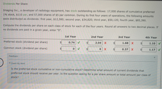 Dividends Per Share Imaging Inc., a developer of radiology equipment, has stock outstanding as follows: 17,000 shares of cumu
