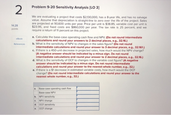 Problem 9-20 Sensitivity Analysis [LO 3] We are evaluating a project that costs $2,130,000, has a 8-year life, and has no sal