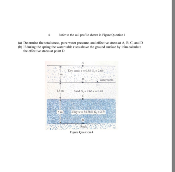4.Refer to the soil profile shown in Figure Question 1 (a) Determine the total stress, pore water pressure, and effective str