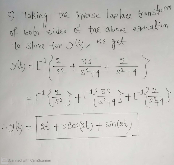 C) taking the inverse Laplace transform of both sides of the above equation to slove for y(t), we get y(t) = [ 3S 2 t 82+1 +