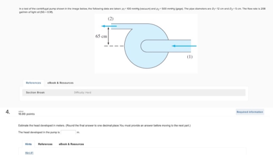In a test of the centrifugal pump shown in the image below the following data are taken: 100 mmHg (VCM) and P500 mmHg (ongel.