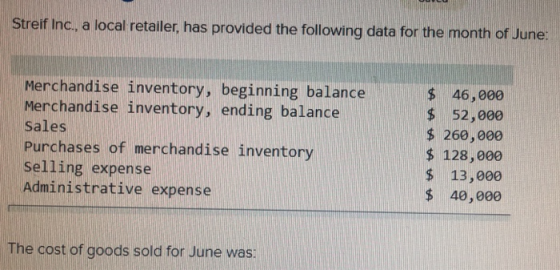 Streif Inc., a local retailer, has provided the following data for the month of June: Merchandise inventory, beginning balanc