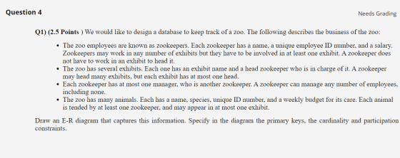 Question 4 Needs Grading Q1) (2.5 Points ) We would like to design a database to keep track of a zoo. The following describes